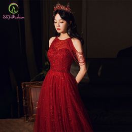 SSYFashion New Luxury Sequins Evening Dress Banquet Elegant Halter Wine Red Crystal Beading Prom Formal Gown Vestido De Festa LJ201125