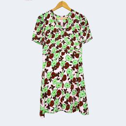 2018 French Antropique Print Floral Print Short Sleeves V Neck 100% Silk Lady One Piece Dresses Women Dress MBL7814 Summer Fall