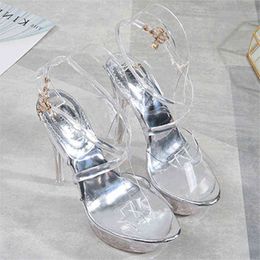 Sandals Waterproof platform plus size catwalk sandals model sexy transparent high heels crystal vamp hollow rhinestone women's shoes 220309