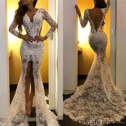 NEW! Sexy Mermaid Wedding Dresses V Neck Long Sleeves Full Lace Appliques Front Split Sheer Sweep Train Backless Plus Size Bridal Gown DWJ0208