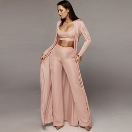 Women Knitted 3 Piece Set Spaghetti Strap Crop Top High Waist Pant Long Sleeve Cardigan Overcoat Suits Belt Autumn Streetwear LJ201117