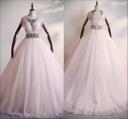 Light Pink Quinceanera Dresses Prom A-line 2021 Colorful Rhinestones Beading Key Hole Backless Lace-up Tulle Sweet 16 Dress Party Evening