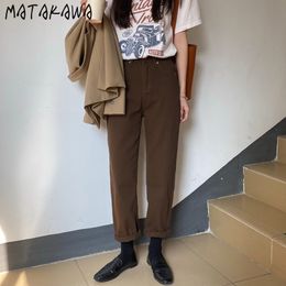 MATAKAWA Spring and Autumn Retro Brown Pantalones Vaqueros Mujer Korean Chic High Waist Pants Thin Straight Jeans for Women 201029