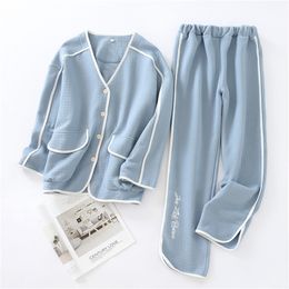 New Autumn and Winter Leisure Tops Women's Long-Sleeved Trousers Cotton Thick Air Layer Solid Colour Warm Simple Pyjamas Set 201217