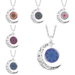 Fashion Flower Time Gem Glass Pendant Necklace Classic Life Flower Jewelry Charm Moon Shape Necklace for Women Accesories