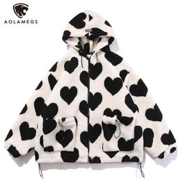 Aolamegs Cute Heart-shaped Print Lambswool Winter Jacket Men Drawstring Pockets Zipper Hooded High Street Warm Couple Streetwear 201218