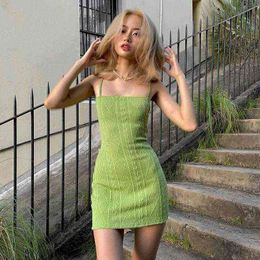 Green Knitted Suspender Dresses For Women Y2k Solid Color Sexy Bodycon Slip Mini Dress Urbano Kpop Clothes Brown Vestidos Mujer Y220304