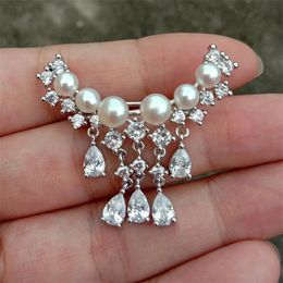 Y·YING natural Freshwater Cultured White Pearl Cubic Zirconia Pave Brooch