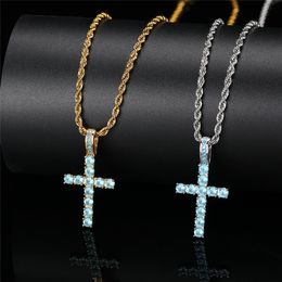 New Arrived Small Size Solid Back Cross Necklace Pendant Iced Out Blue Zircon Mens Hip Hop Jewellery Gift