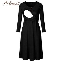 ARLONEET Pregnant Clothes Women Maternity Dresses Long Sleeve Dress Cotton Button Knee Length Dresses Winter Ladies Vestidos LJ201123