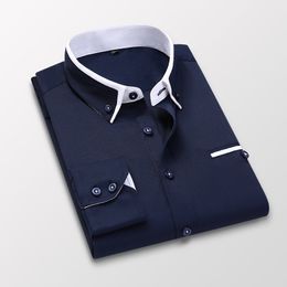 Men Slim Fit Shirts Blue White Long Sleeve High Quality Men's Clothing Soft Comfortable Wedding Formal Business Office Shirts 201124