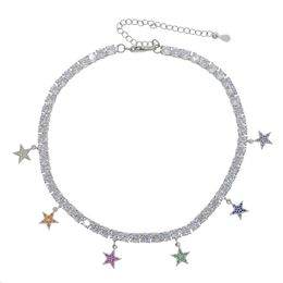 New hip hop women 5A cz tennis chain choker necklace with rainbow Colourful cz star iced out hip hop bling choker for women X0509