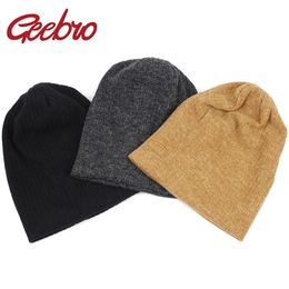 Geebro Women Winter Cotton Ribbed Beanies Hat Autumn Warmer Slouchy Knitted Hat Ladies Stretch Striped Baggy Skullies Gorros Y201024