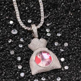 Fine Quality Jewellery Iced Out Custom Memorial Necklace Pendant Iced Out Zircon Money Bag Modelling Diy Custom Photo Pendant Necklace Crystal
