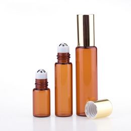 2.5ml 5ml 10ml Mini Perfume Roll On Bottle Amber Brown Glass Essential Oil Bottle with Steel Roller Ball WB3411