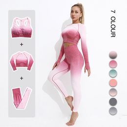 New Women Yoga Outfits Seamless Leggings Long Sleeve Crop Top Sports Bra Running Clothing Gym Suits Fitness Wear Workout Sports Suit Ombre Colour