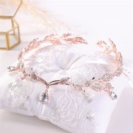 KMVEXO Rose Gold Crystal Crown Bridal Hair Accessory Wedding Teardrop Leaf Tiara Headband Frontlet Bride Jewellery 220217