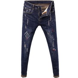 Simple elegante moda casual cuciture decorativi jeans decorativi jeans da uomo primavera autunno hip hop slim skinny skinny pantaloni uomo 201116
