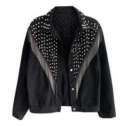 PERHAPS U Women's Denim Blue Black Gray Jacket Button Long Sleeves Jean Turn Down Collar Pocket Rivet Tassel LJ200813