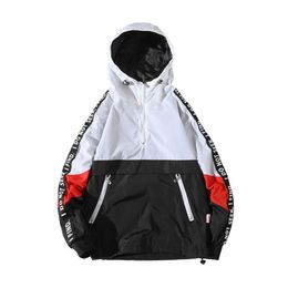 Hooded Patchwork Pullover Jacket Windbreaker Men Tracksuit Fashion black teenager hip hop Jackets coats streetwear for boys 201218