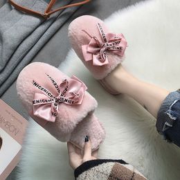 Women Slipper Fur Fluffy Bedroom Cute Bow Knotted Warm Winter House Shoes Fashion Furry Soft Women Indoor Slippers Pink Black X1020