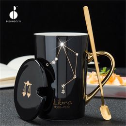 12OZ Creative Diamond Ceramic Coffee Mug Porcelain Tea Cup with Gold Painted as Gift with Lid and Spoon LJ200821