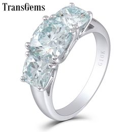 Transgems 10k White Gold Three Stone 2ct 7.5mm Cushion Cut Moissanite Engagement Ring for Women Fine Jewellery Y200620