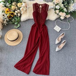Amolapha Women Lace Hollow Out Patchwork Backless Jumpsuits Solid Sexy Lace Sleeveless Rompers T200509