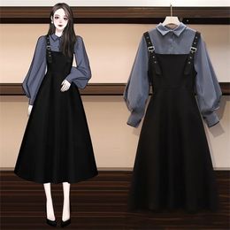 Autumn suit sling dress female large size fashion casual lantern sleeve shirt mid-length black two-piece 220302