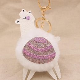 Alpaca Pom Keyring Sequins Leather Key Chain Fake Fur Keychain Cute Cartoon Animal Keychain For Car Bag Key Ring Pendant Gift ZYY245
