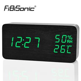 FiBiSonic Wood Wooden LED Alarm Clock,Despertador Temperature Humidity Electronic Desktop Digital Table Clocks Y200407