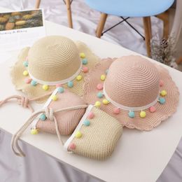 Wide Brim Hats Kids Girls Large Straw Woven Sun Protection Beach Hat Colorful Pom Ball Cute Summer Handbag SHT007