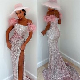 Sequins Mermaid Glitter Evening Dresses Feather Sexy Side Split Prom Dress Mor Beading Custom Made Robe De Soire Party Wear