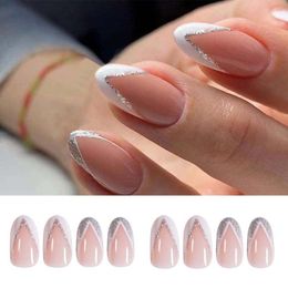 french manicured nails UK - False Nails 24Pcs Box French Long Shiny Ballerina Fake Nail Crescent Moon Pattern Natural Nude Full Cover DIY Manicure Tips