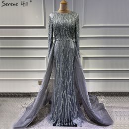 Grey Mermaid Luxury Dubai Designer Evening Dresses Beading Sequined Fashion Long Sleeves Evening Gowns 2020 Serene Hill LJ201120