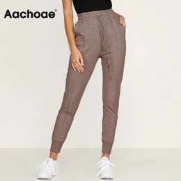 Aachoae Women Casual Solid Pencil Pants Pleated Drawstring Sports Long Pants Lady High Waist Basic Sweatpants Trousers Female 201228