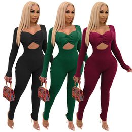 Women long sleeve solid color Jumpsuits casual velour Rompers sexy hollow out skinny bodysuits fall winter overalls black leggings DHL 4446
