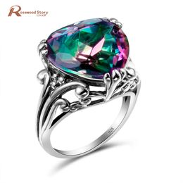 Romantic Heart Shape 925 Sterling Silver Ring Rainbow Mystic Topaz Austrian Crystal Ring For Women Vintage Jewellery Accessories