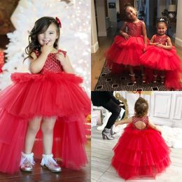 Red Tulle High Low Puffy Toddler Girl Pageant Dresses Jewel Neck Backless Princess Wedding Flower Girls Dresses P134