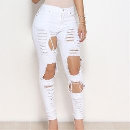 High Waist Trim Stretch Hole Tear Personality Jeans Street Casual Women Skinny Pencil Bleached Washed Denim Pants Ripped Elastic 210203