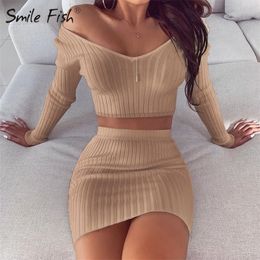 Women Skirts Set Fashion Slash Neck Striped Knitted Ladies Spring Long Sleeve Slim Fit Bodycon Ribbed Two Pieces Sets G1472 220302
