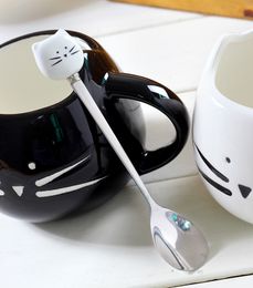 Unique Cartoon Black White Cat Stainless Steel Kitten Ceramic Spoons Flatware Kitchen Tool Cup Creative Decoration HHE4091