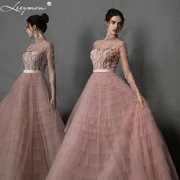 Leeymon Pink Ruffle Tulle Evening Dress High Neck Long Sleeves Embroidery beaded Vestido de Noche Formal Dress LJ201125