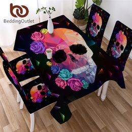 BeddingOutlet Geometric Skull Tablecloth Gothic Colourful Waterproof Table Cloth Rose Floral Decorative Table Cover Washable T200707