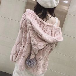 Tide Autumn Cardigan Women New In Preppy Style Hooded Loose Knitted Open Jumper Geometric Sweater Female Knitwear 201030