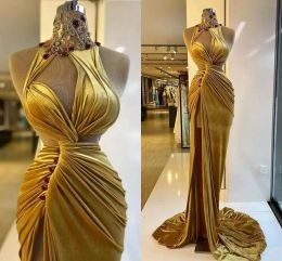 Gold Velvet Prom Dresses Elegant Ruched Long Sweep Train Mermaid Evening Party Gowns Side Slit High Neck Crystals Beading Sleeveless Arabic Robe de Soiree CG001