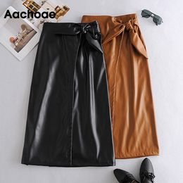 Aachoae Elegant Solid Faux Leather Skirt Bow Tie Office Wear Long Skirt Women Brown And Black Colour A Line Skirts Mujer Faldas 201110