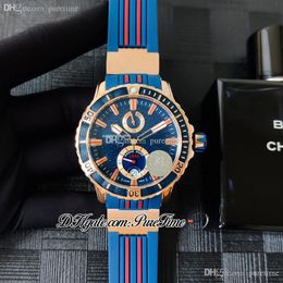 2022 Diver 266-10-3/93 A21J Power Reserve Automatic Mens Watch Rose Gold Blue Red Dial Stick Markers Rubber Strap Puretime PTUN Limited Edition Watches F10a1