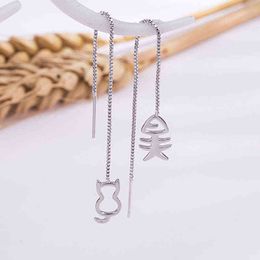 Geometric Moon Star Asymmetric Cat Fishbone Long Tassel Chain Dangle Earrings For Women Fashion Wedding Jewellery Gifts G220312