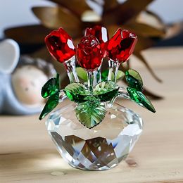 H&D Crystal Red Rose Flower Figurine Spring Bouquet Sculpture Glass Dreams Ornament Home Wedding Decor Collectible Gift Souvenir T200709